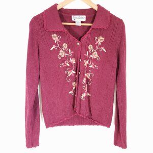 Gina Peters V-Neck Collar Button Cardigan Size S floral embroidery collar accent